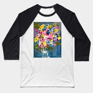 Bright Flowers on Blue,  floral pillows, tote bag, pouch, handbag, pink, blue, yellow, bright modern flowers, abstract floral decor Baseball T-Shirt